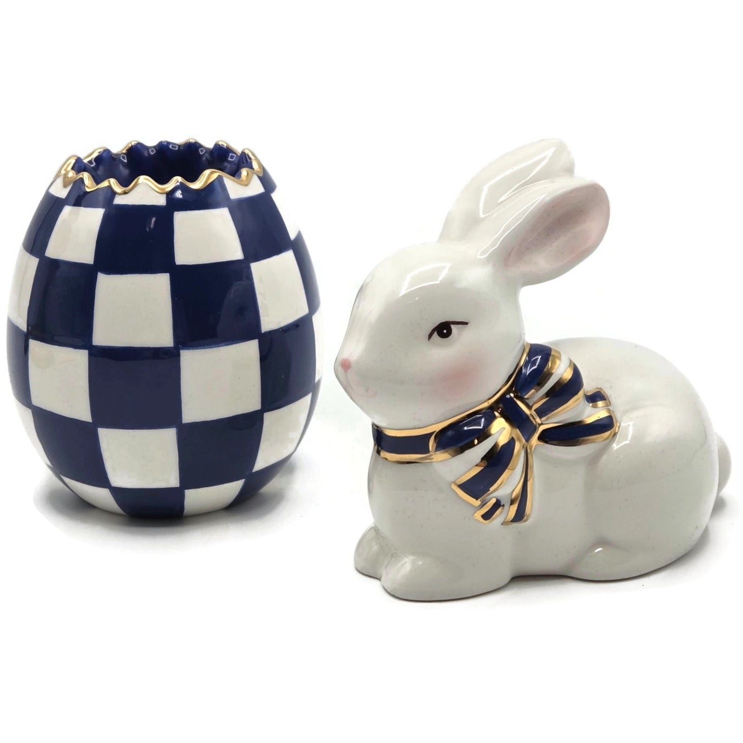 Mackenzie Childs Royal Check Blue Bunny Hostess Napkin Weight Egg Toothpick Set
