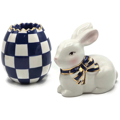 Mackenzie Childs Royal Check Blue Bunny Hostess Napkin Weight Egg Toothpick Set