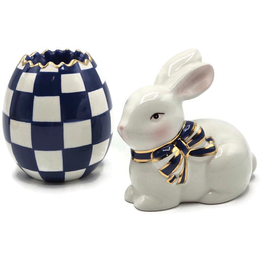 Mackenzie Childs Royal Check Blue Bunny Hostess Napkin Weight Egg Toothpick Set