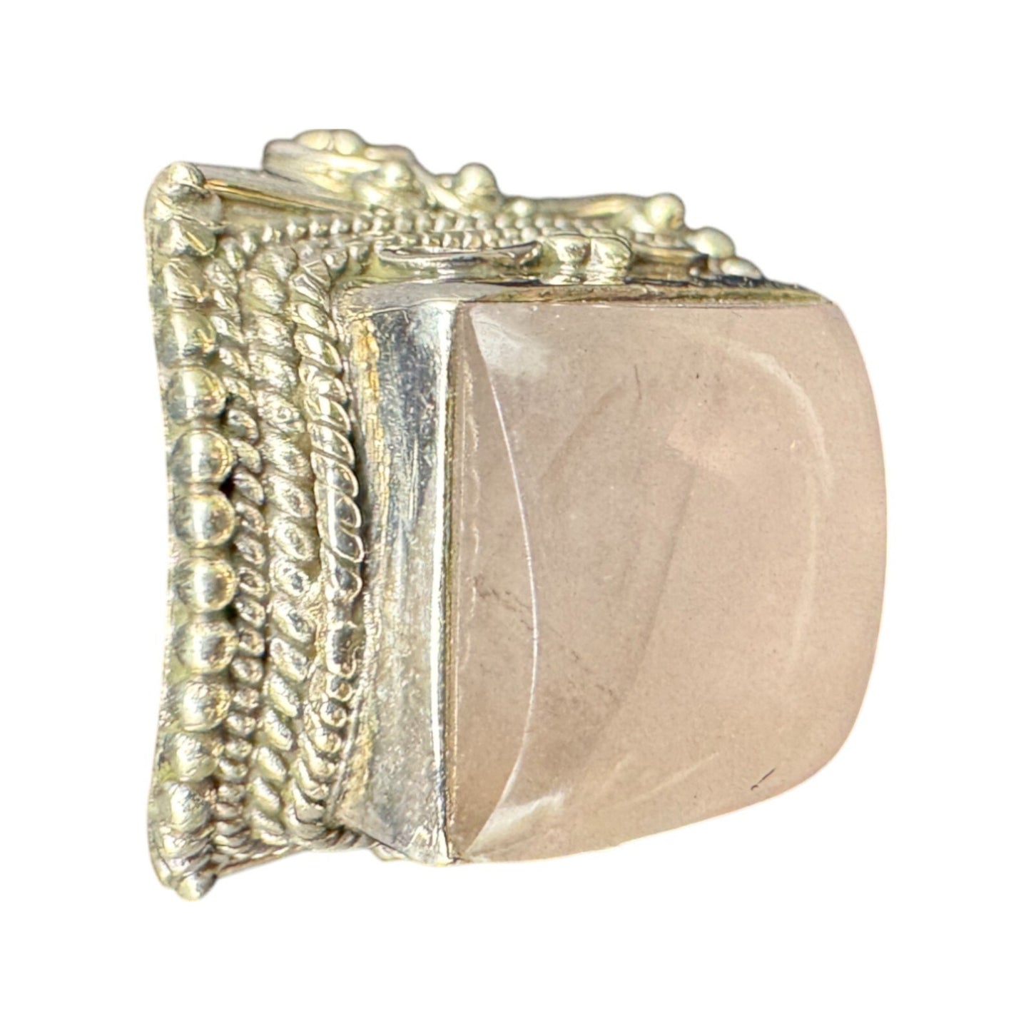 925 Sterling Silver Ring India Square Rose Quartz Crystal Gemstone Ornate Size 8