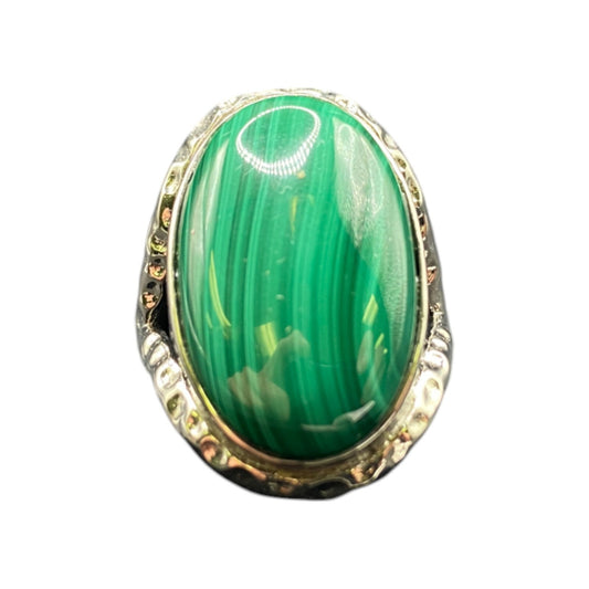 Malachite Ring Green Gemstone Oval Cabochon Hammered Stainless Steel GSJ Size 8