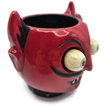 Dept 56 Googly Eye Devil Mug Coffee Cup Red Black 3D Eyeballs Halloween Retired