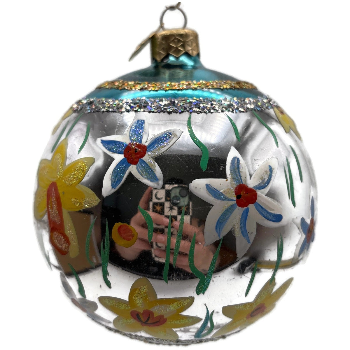 Christopher Radko Floral Glass Ornament Silver Blue Yellow Hand Painted Glitter