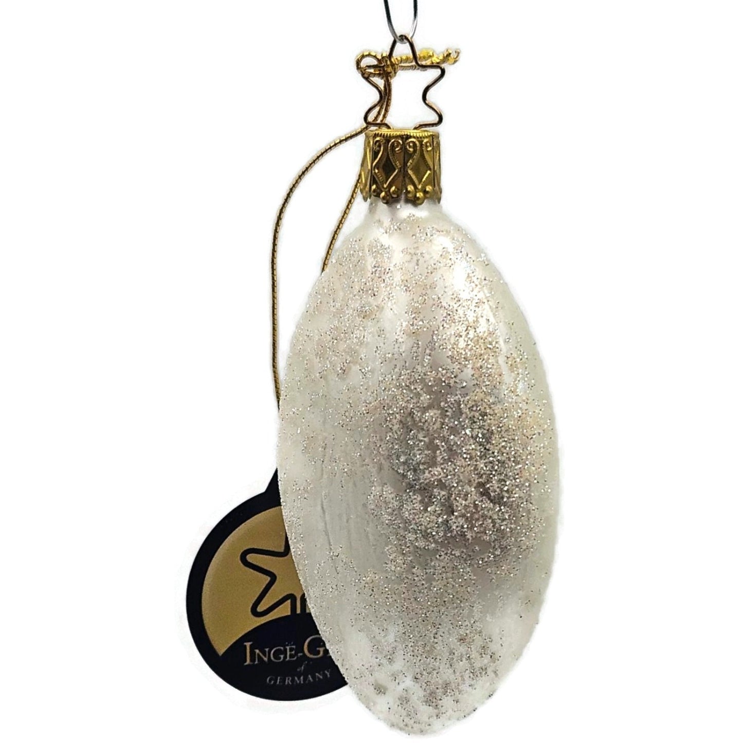 Inge Glass White Ribbon Glittered Glass Ornament German Christmas Tree Ornament