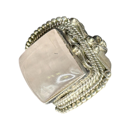 925 Sterling Silver Ring India Square Rose Quartz Crystal Gemstone Ornate Size 8