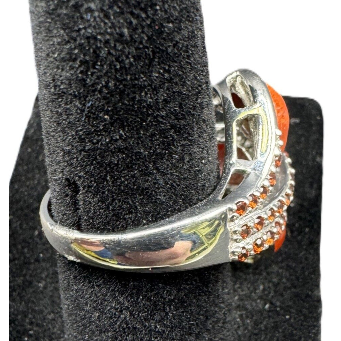 NF 925 Signed Sterling Silver Ring Teardrop Shape Sponge Coral Rhinestone Size 7