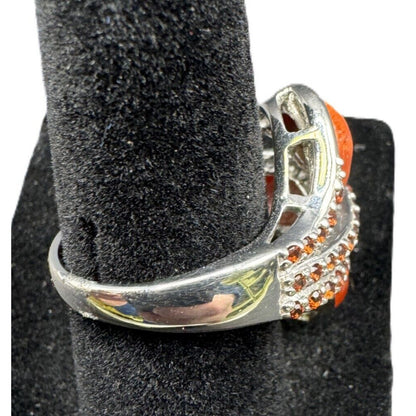 NF 925 Signed Sterling Silver Ring Teardrop Shape Sponge Coral Rhinestone Size 7