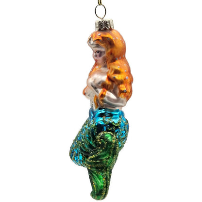 Mermaid Red Hair Blue Green Glitter Fin Christmas Tree Ornament Vintage Glass