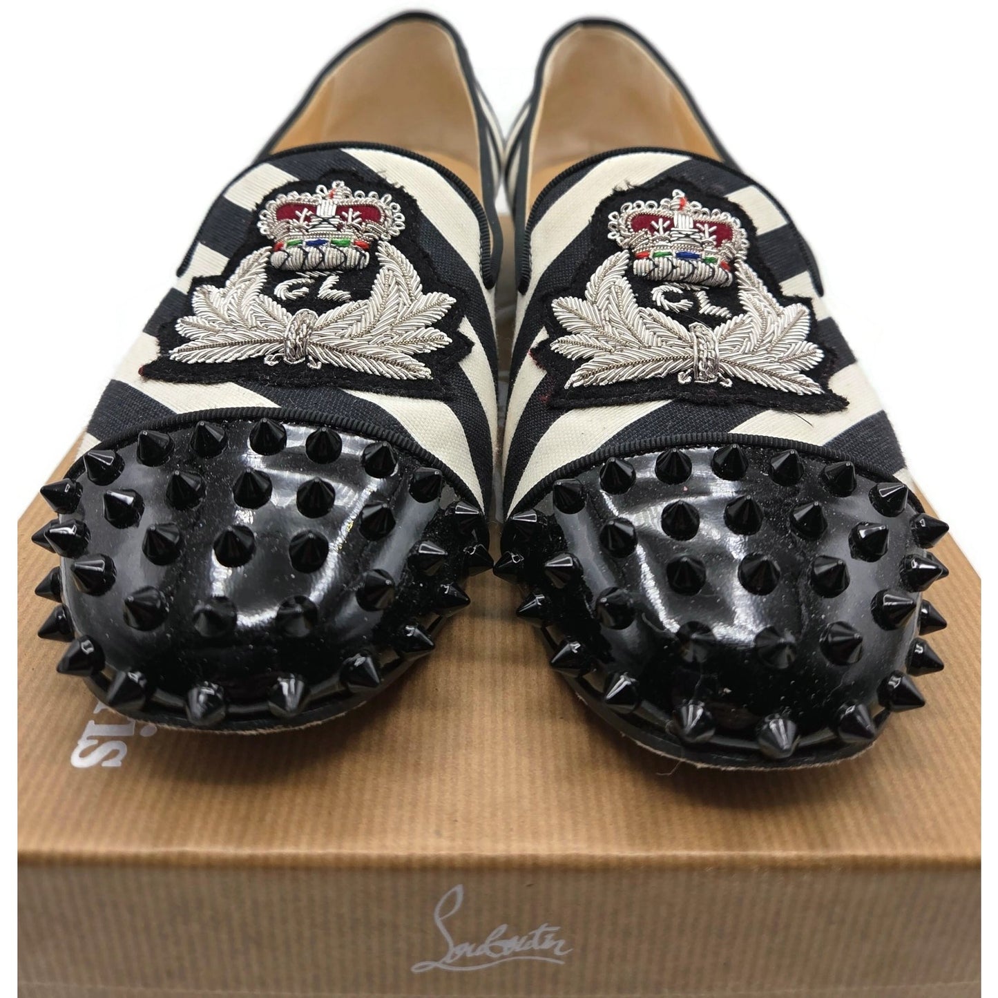 Christian Louboutin Intern Flat Patent Studded Loafers Black White Stripe Sz 40