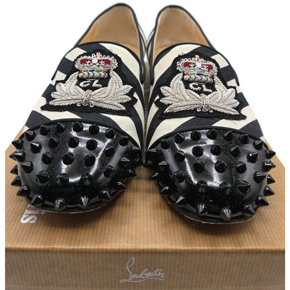 Christian Louboutin Intern Flat Patent Studded Loafers Black White Stripe Sz 40