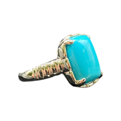 925 Sterling Silver Cocktail Ring Turquoise Gemstone Rectangle Prong Set Size 10