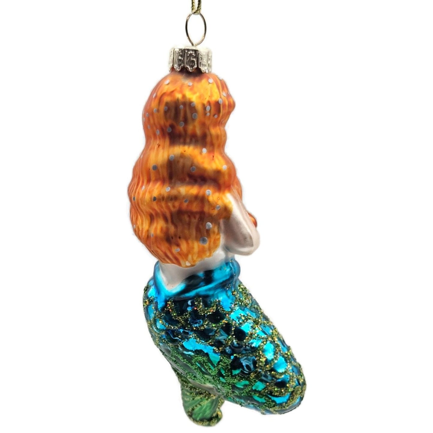 Mermaid Red Hair Blue Green Glitter Fin Christmas Tree Ornament Vintage Glass