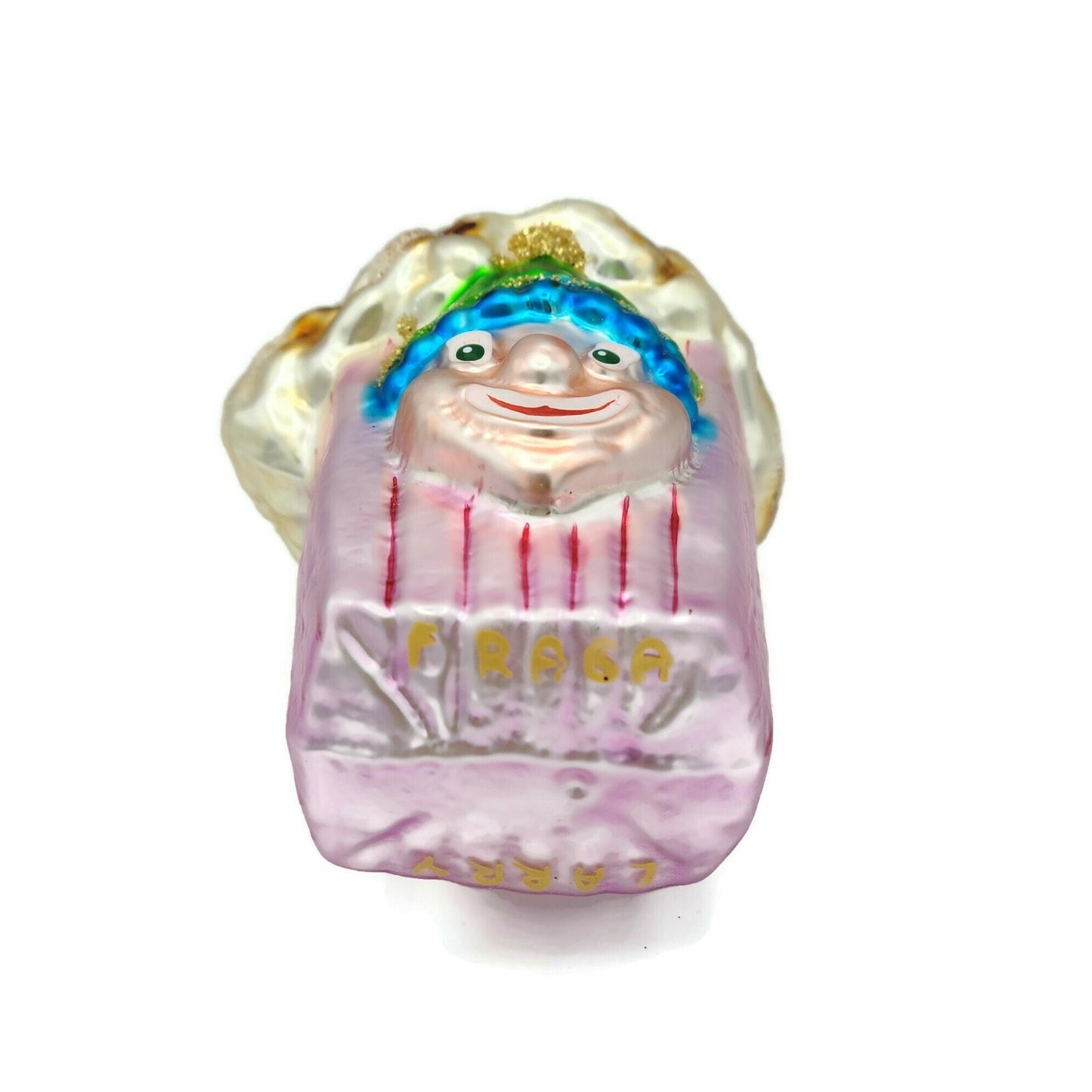 Larry Fraga Popcorn Box Blown Glass Circus Clown Movie Glitter Striped Ornament