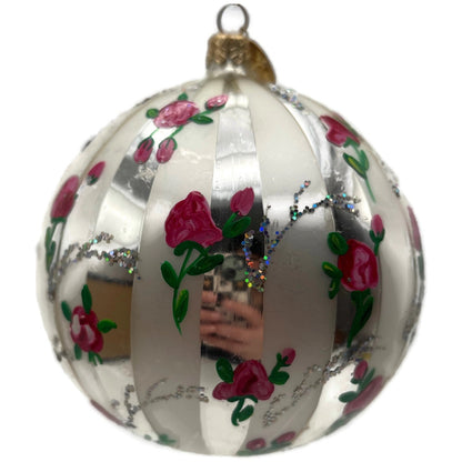 Christopher Radko Parlour Pink Roses Silver Striped Glitter Christmas Ornament