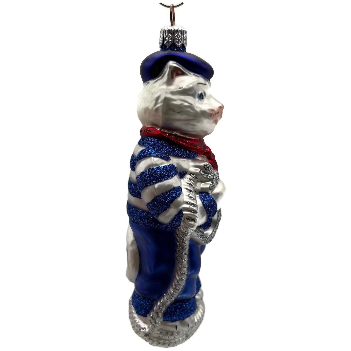 Patricia Breen Marseilles Cat Blue Silver Anchor Striped Christmas Tree Ornament