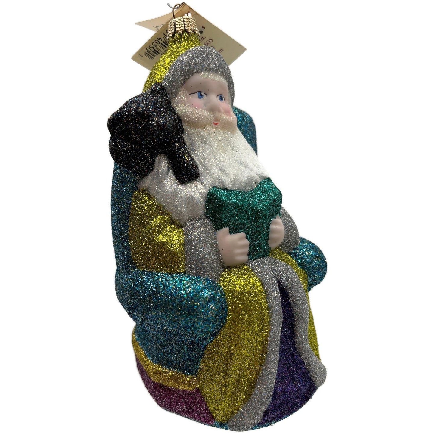 Larry Fraga Settling In Yellow Santa Claus Black Bear Glitter Christmas Ornament