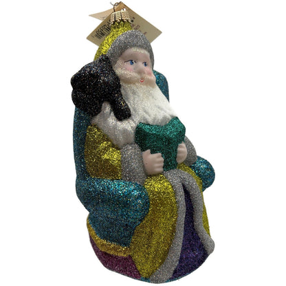 Larry Fraga Settling In Yellow Santa Claus Black Bear Glitter Christmas Ornament