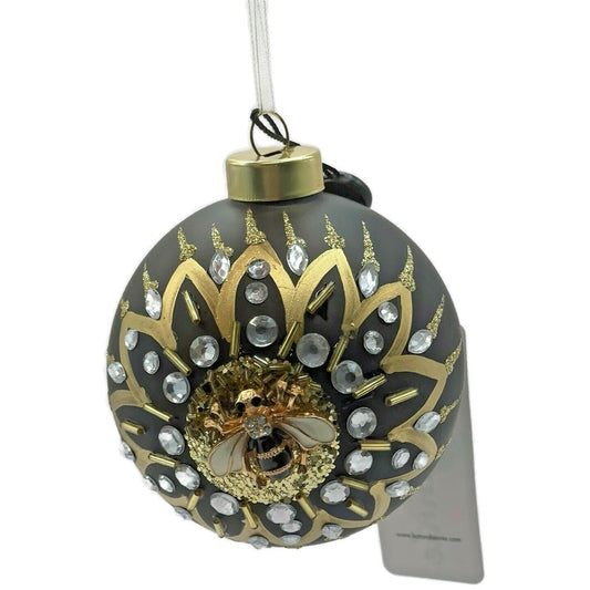 Queen Bee Orb Black Gold Glittered Spring Christmas Tree Ornament Kat And Annie