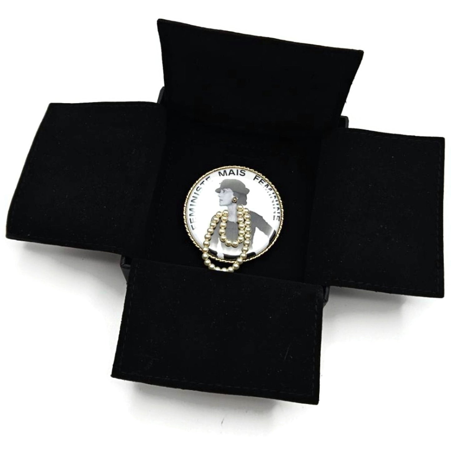 Coco Chanel Feministe Mais Feminine Brooch Pearl Gold Tone Pin Rare with Box