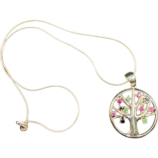 Tree Of Life Pendant Multicolor Stones Snake Chain Necklace 925 Sterling Silver