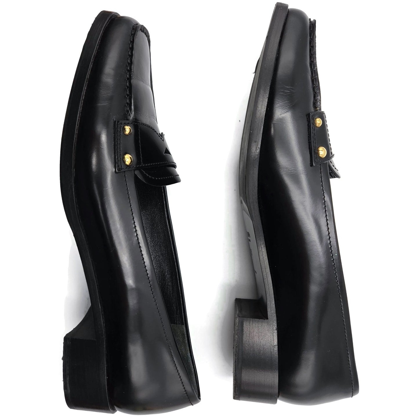 Prada Black Leather Loafer 1D9558 Gold Studs Flats Square Toe Womens Size EU 39