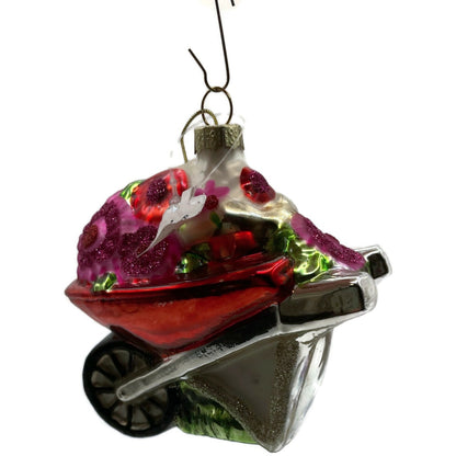 Ornament Floral Wheelbarrow Garden Flowers Blown Glass Christmas Holiday Tree