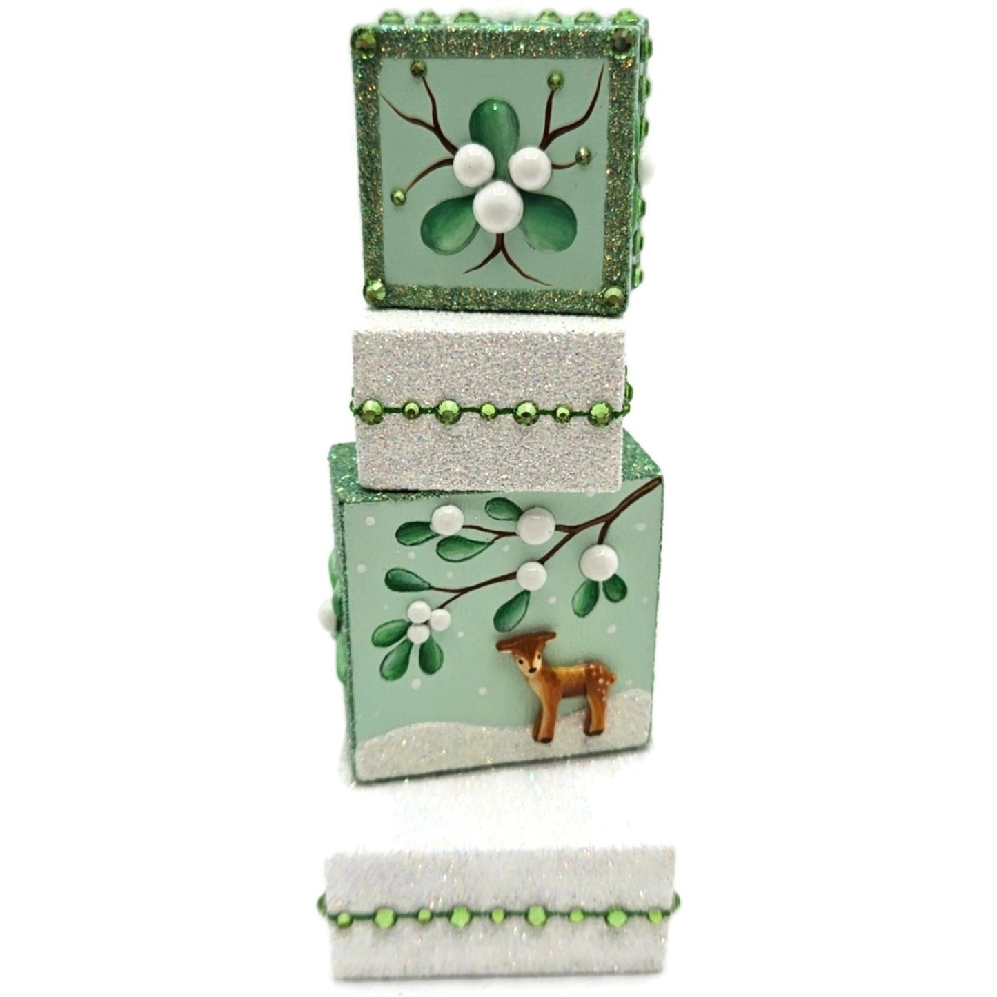 Patricia Breen Presenting Mistletoe Reindeer Green Christmas Ornament Blocks HCB