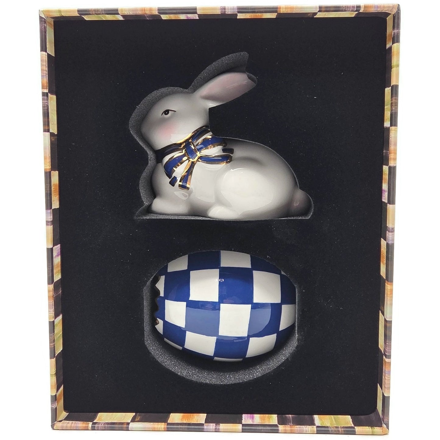 Mackenzie Childs Royal Check Blue Bunny Hostess Napkin Weight Egg Toothpick Set