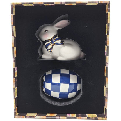 Mackenzie Childs Royal Check Blue Bunny Hostess Napkin Weight Egg Toothpick Set