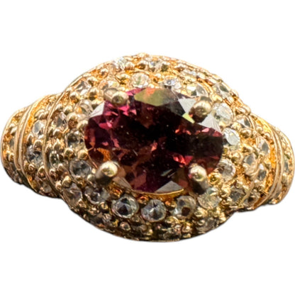 925 Sterling Silver Gold Plated Ring Red Tourmaline Gemstone Rhinestones Size 8