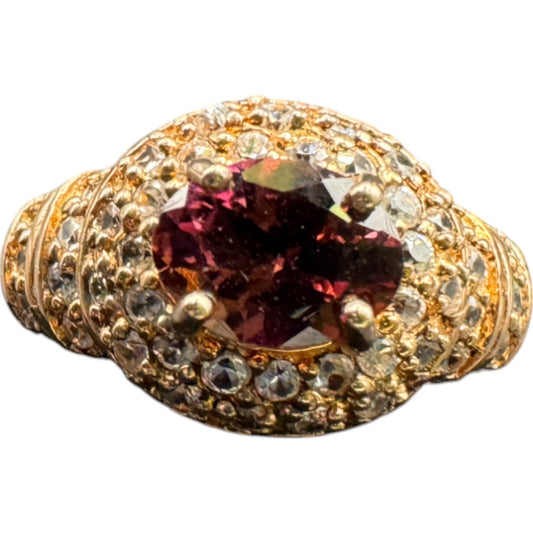 925 Sterling Silver Gold Plated Ring Red Tourmaline Gemstone Rhinestones Size 8