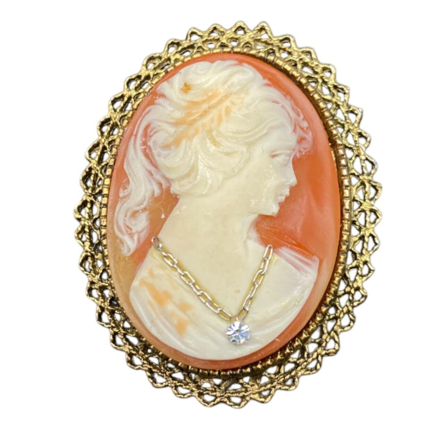 Vintage Cameo Brooch Lady Necklace Mid Century Oval Gold Tone Metal Filigree
