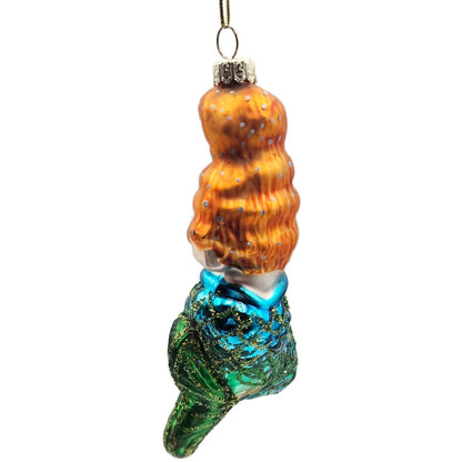 Mermaid Red Hair Blue Green Glitter Fin Christmas Tree Ornament Vintage Glass