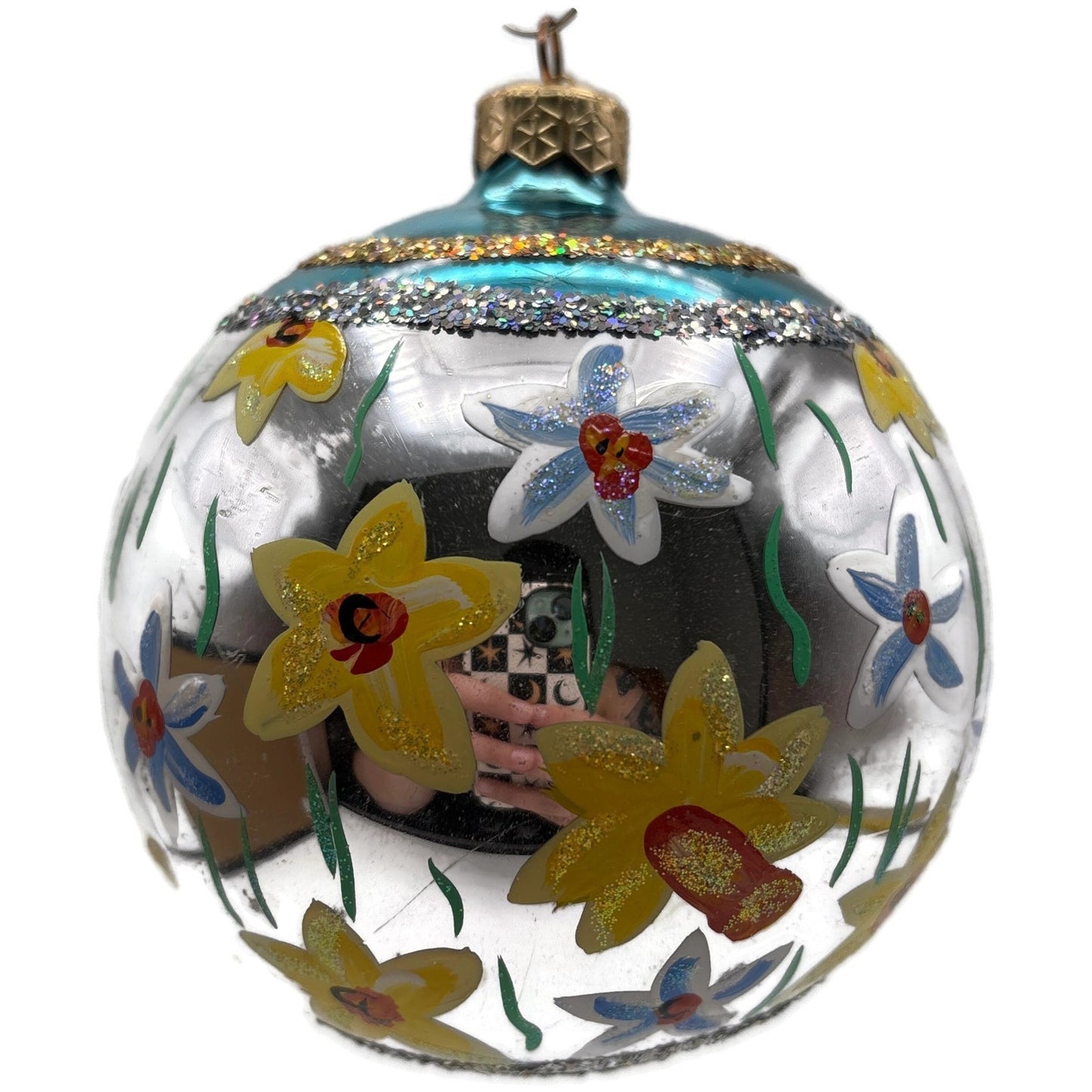 Christopher Radko Floral Glass Ornament Silver Blue Yellow Hand Painted Glitter