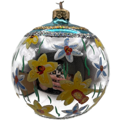 Christopher Radko Floral Glass Ornament Silver Blue Yellow Hand Painted Glitter