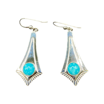 Turquoise Fish Hook Dangle Earrings Round Gemstone Silver Tone Metal