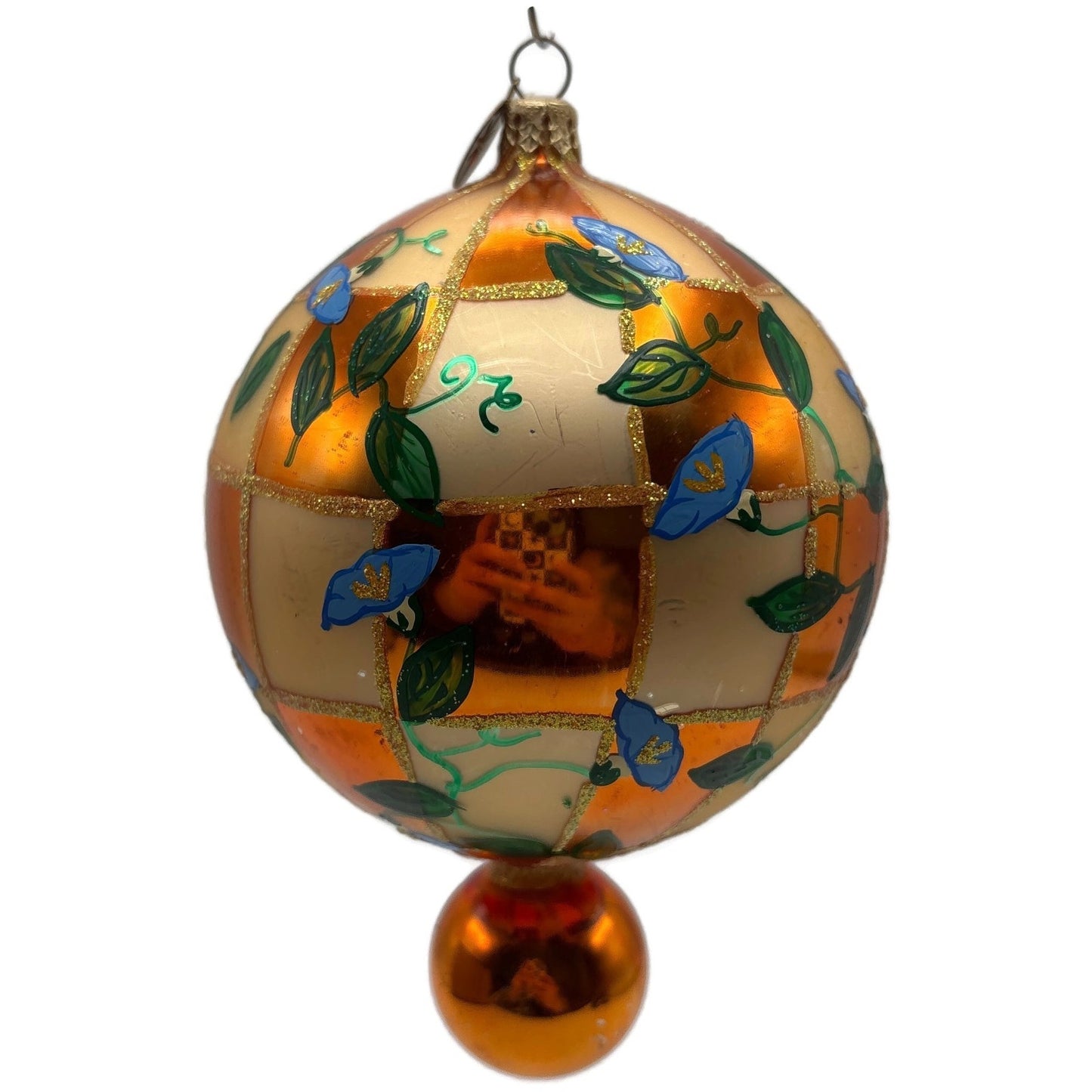 Christopher Radko Heavenly Blue Morning Glory Orange Glass Christmas Ornament