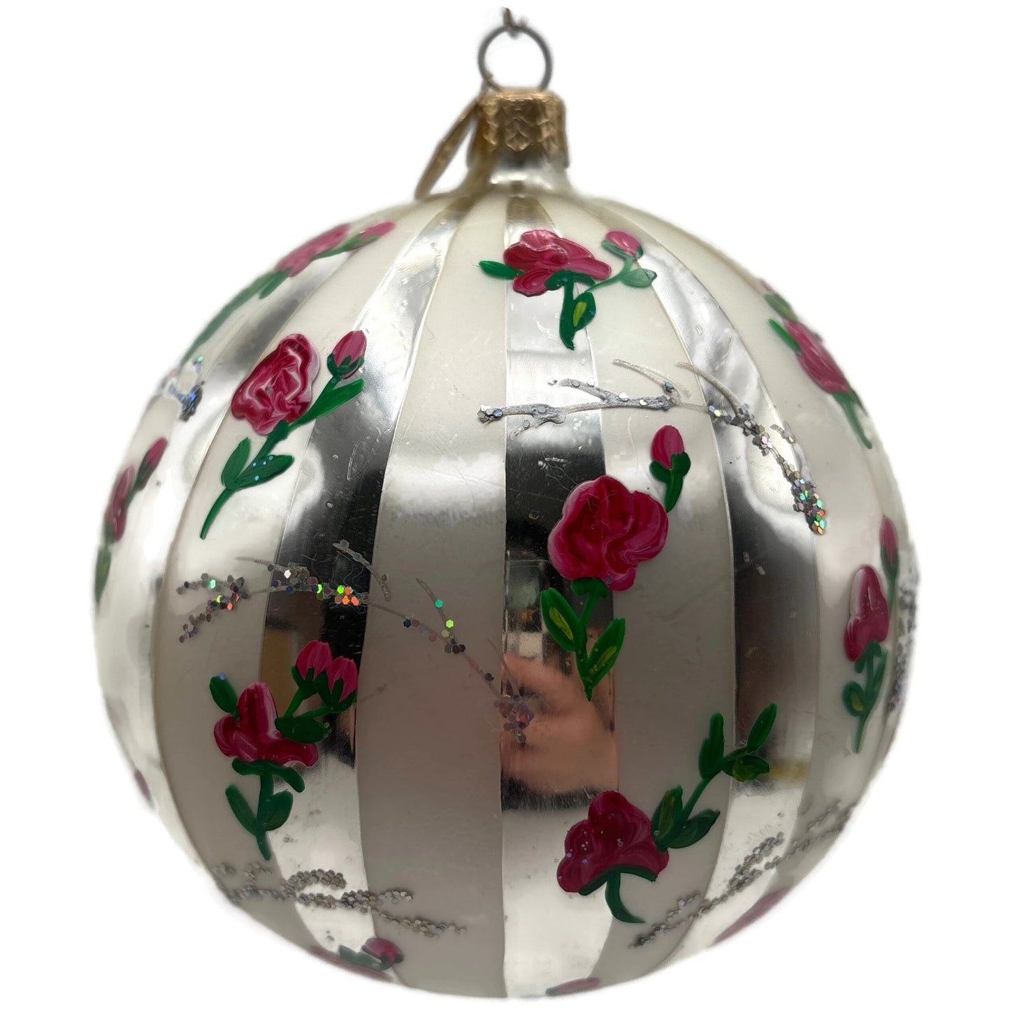 Christopher Radko Parlour Pink Roses Silver Striped Glitter Christmas Ornament