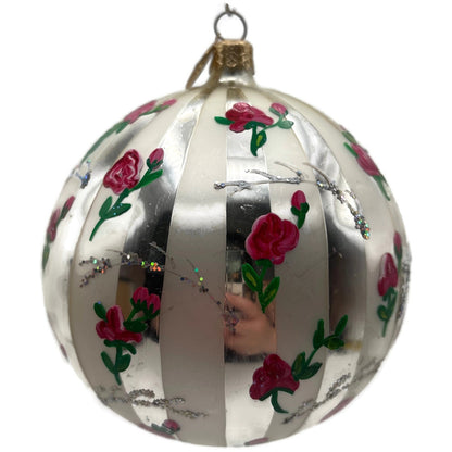 Christopher Radko Parlour Pink Roses Silver Striped Glitter Christmas Ornament