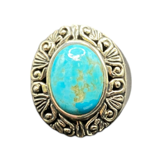 Ring Filigree Turquoise Gemstone Oval Cabochon NK 925 Sterling Silver Size 7.75