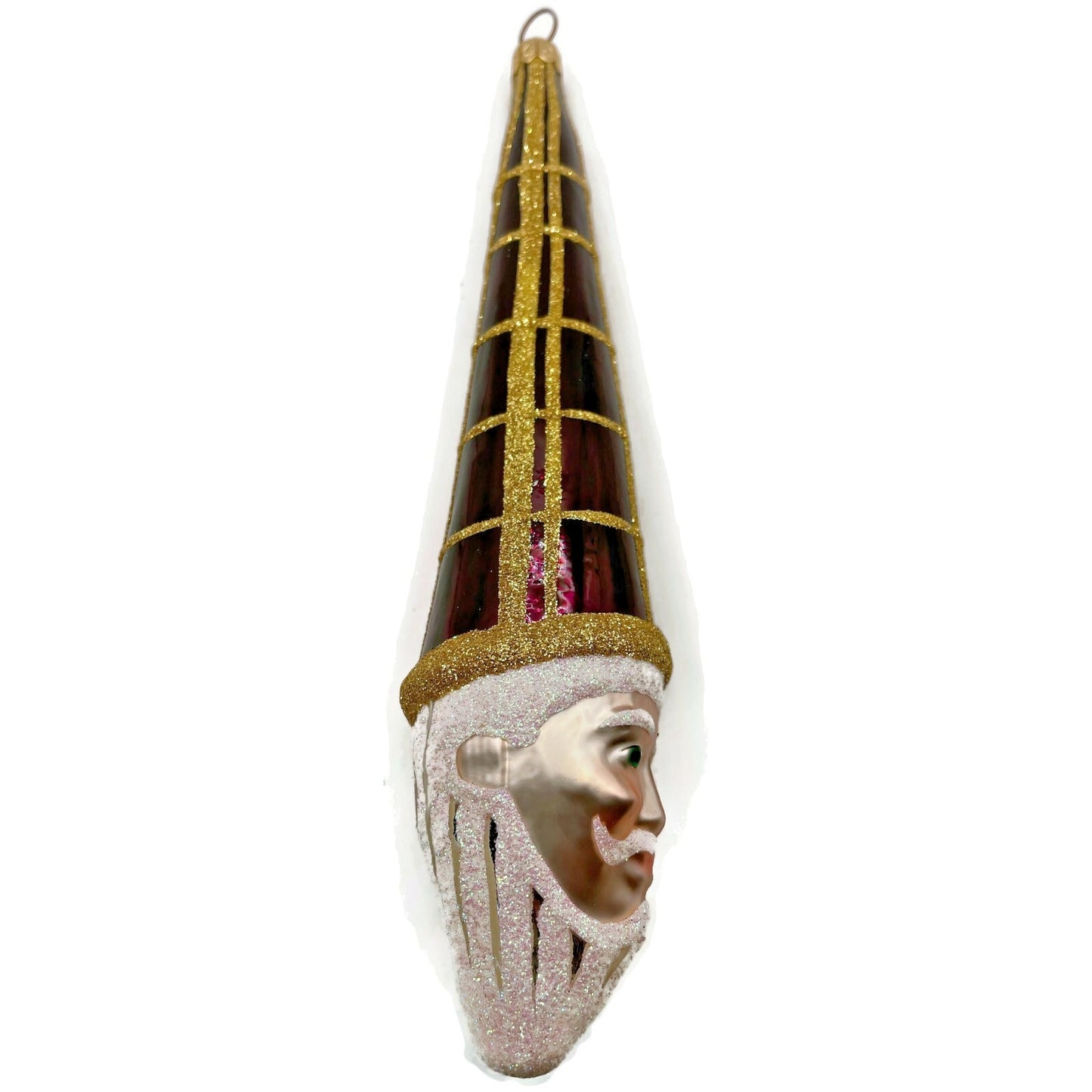 Patricia Breen Winter Wizard Bordeaux Plaid Gold Santa Head Christmas Ornament