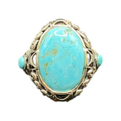 Turquoise Ring Sterling Silver NK Oval Ornate Semi Precious Stone Blue 7.75