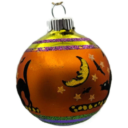 Christopher Radko Shiny Brite Orange Black Cat Glass Ball Halloween Ornament