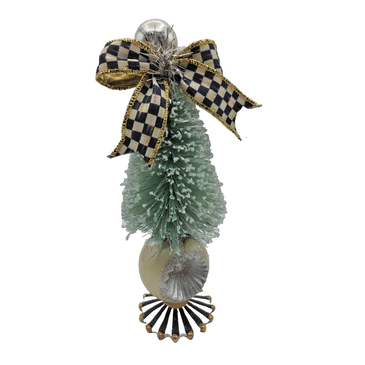 Mackenzie Childs Home Sweet Snow Bottle Brush Tree Mini Green Courtly Check Bow