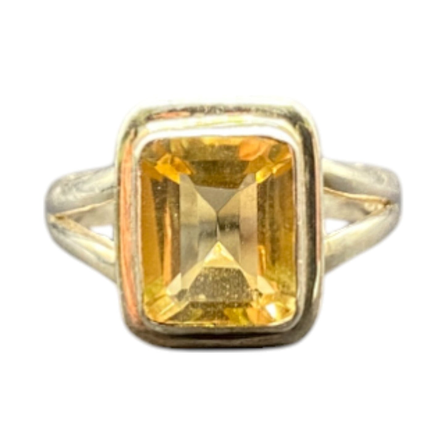 Emerald Cut Yellow Citrine Crystal Gemstone Ring 925 Sterling Silver Size 8.25