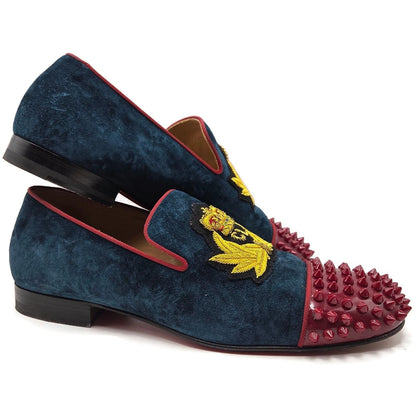 Christian Louboutin Harvanana Flat Veau Velours Blue Size 39 Spikes Crest Loafer