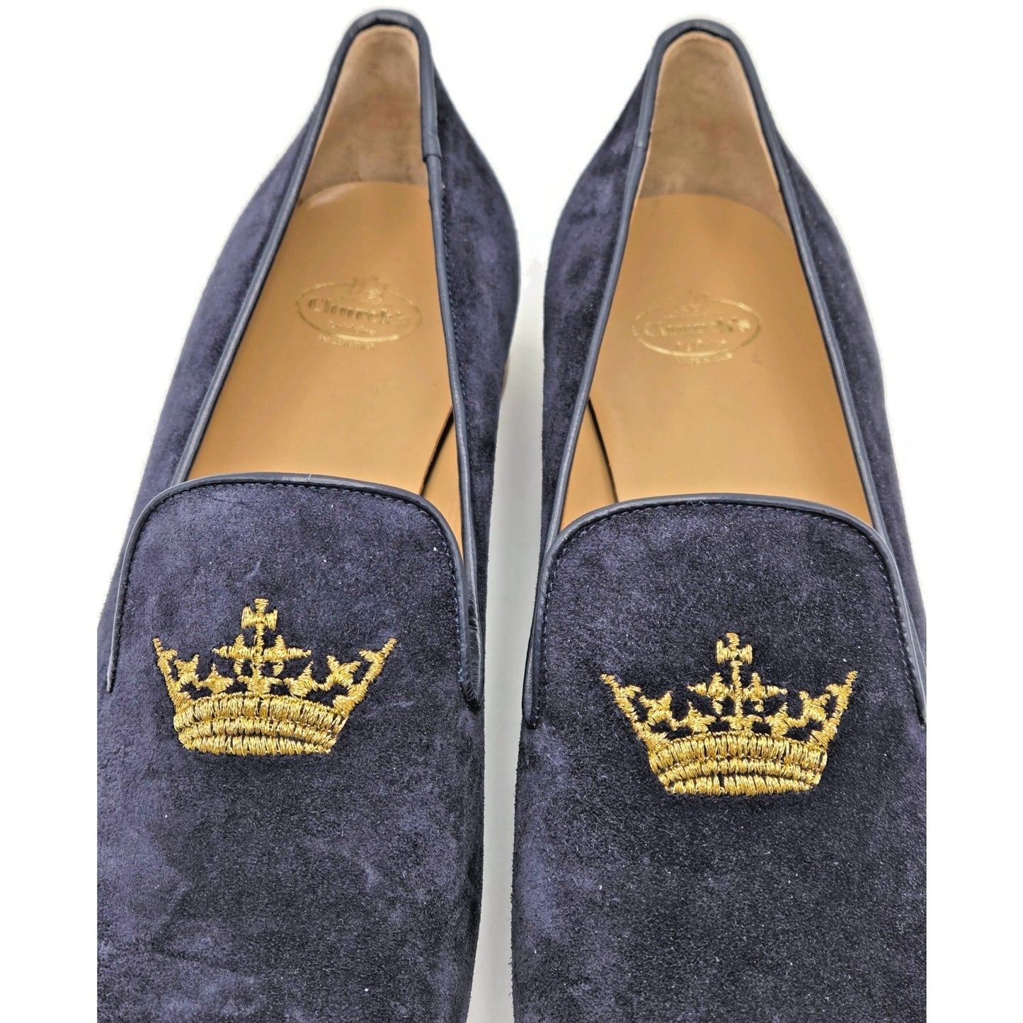 Churchs Flora 2 Dark Blue Suede Loafers Rare Crown Embroidered Luxury Shoes