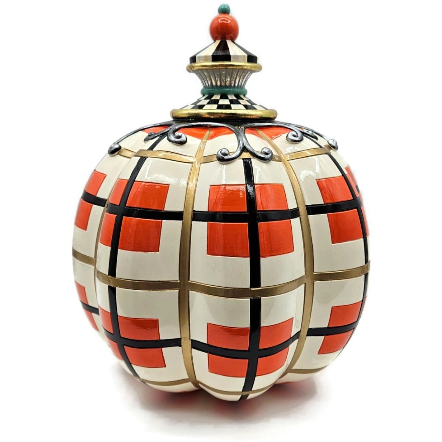 MacKenzie-Childs Parchment Check Pumpkin Halloween Plaid Orange Black
