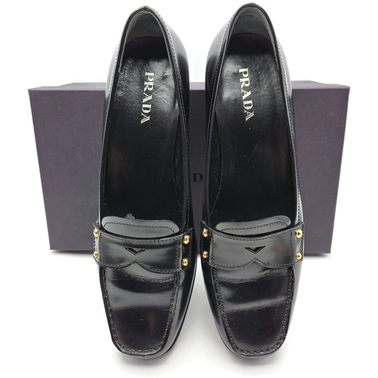 Prada Black Leather Loafer 1D9558 Gold Studs Flats Square Toe Womens Size EU 39