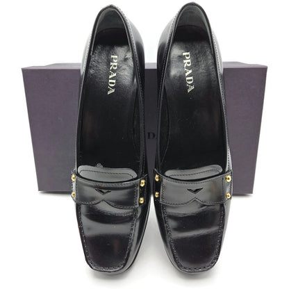Prada Black Leather Loafer 1D9558 Gold Studs Flats Square Toe Womens Size EU 39